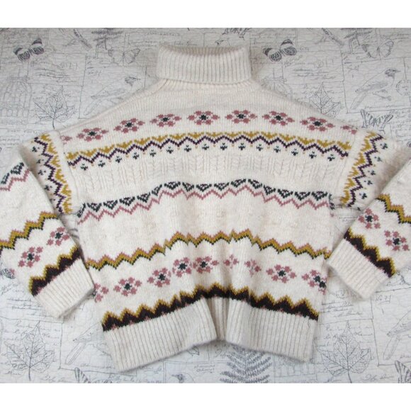 $118 Evereve Lyra Fair Isle Turtleneck Sweater Ivory Wool Bld Cozy Pullover XL - Picture 8 of 10